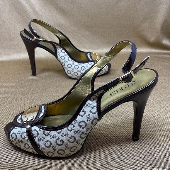 Guess Monogram Peep Toe Platform Slingback Heels - Picture 6 of 13